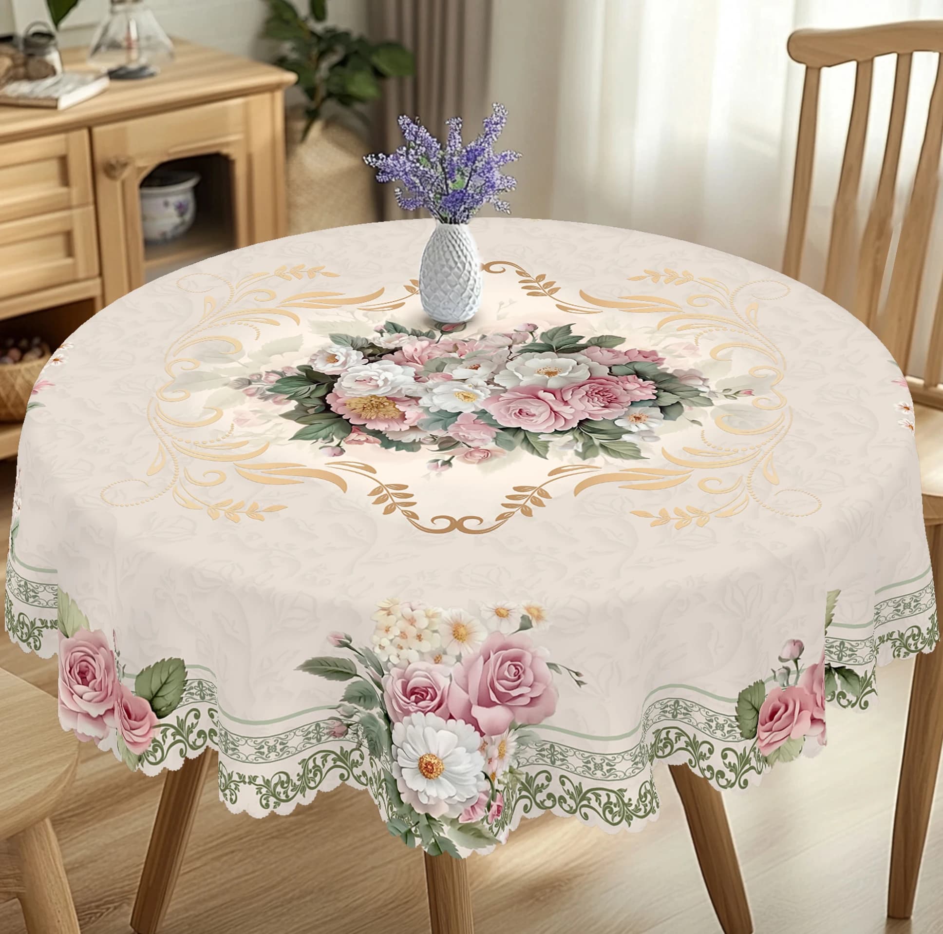 1 pezzo di tovaglia floreale rotonda e rettangolare, disponibile in vari dimensioni, con base leggera e morbida, con stampe eleganti di rose rosa e graffette floreali fresche, con bordi in rilievo