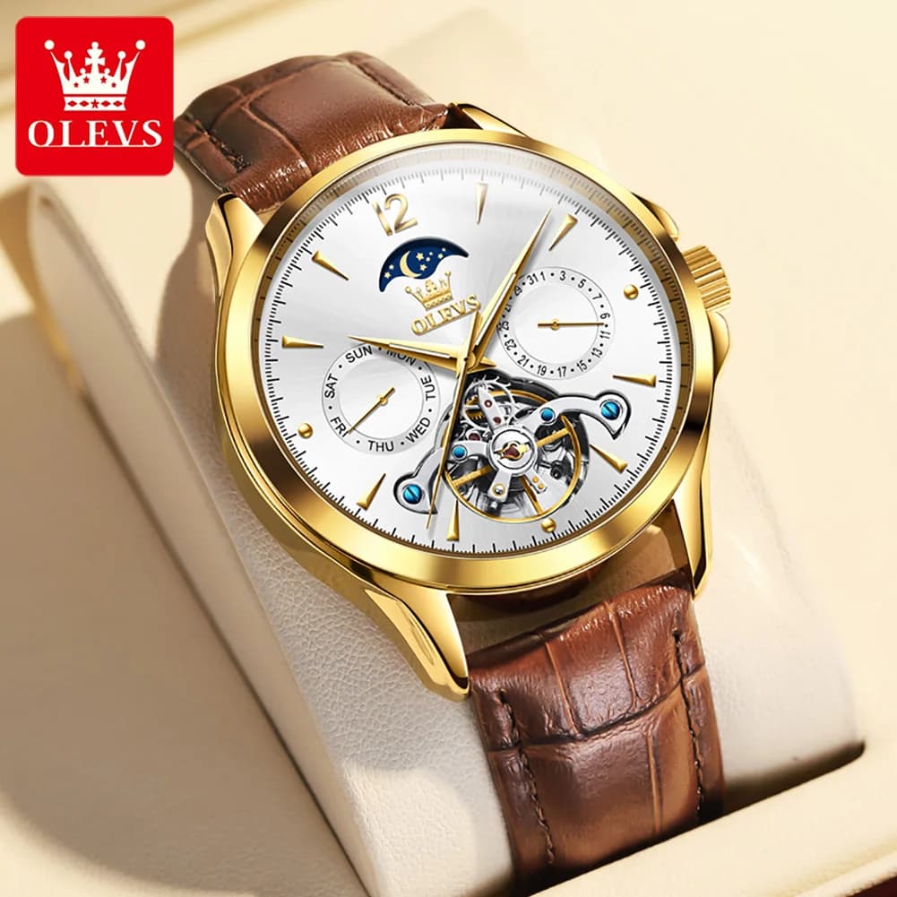 OLEVS 6663 Orologio da uomo Orologio meccanico originale Tourbillon Cinturino in pelle luminosa impermeabile Orologio con fasi lunari e data con scatola