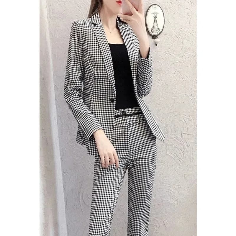 Spring and Autumn New Fashionable Plaid Suit Set for Women's Temperament Long-sleeved Suit Pants Two-piece Set