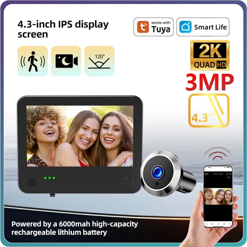 Telecamera Spioncino Smart Life da 4.3 Pollici WiFi Tuya con Rilevamento Umano 120° ° Videocitofono Digitale Danmini con Schermo IPS 2KHD 3MP e Controllo Remoto