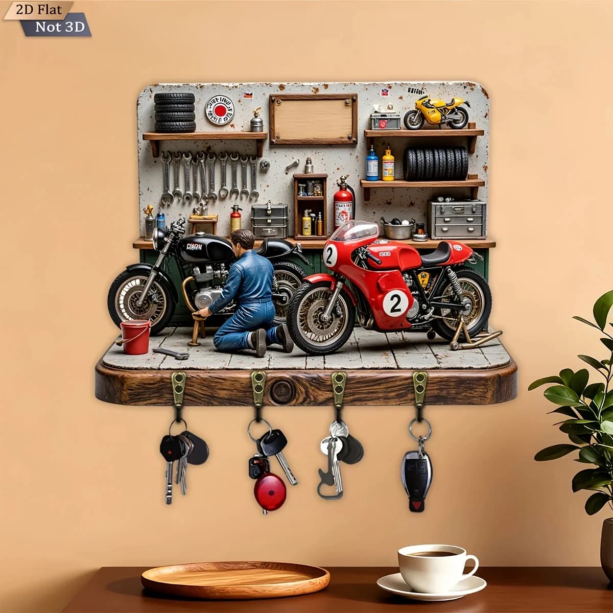 Portachiavi 2D piatto, 1 pezzo, a tema riparazione moto, portachiavi multifunzionale in legno per la casa, con quattro ganci in metallo, decorazione da parete