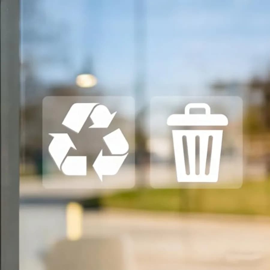 10Pcs Trash and Recycle Stickers, Clear Vinyl Transparent Weatherproof Self Adhesive Waste Sign for Trash Bins Can, 3 Inches