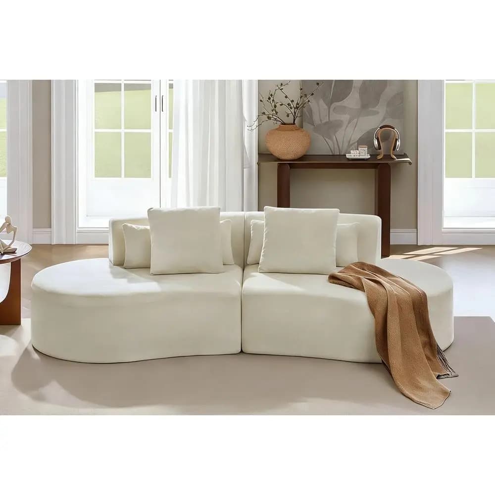 Divano Sezionale Curvo con Cuscini Lombari, Divano Cloud Bonel con 2 Cuscini Decorativi, Divanetto Comodo in Ciniglia per Soggiorno