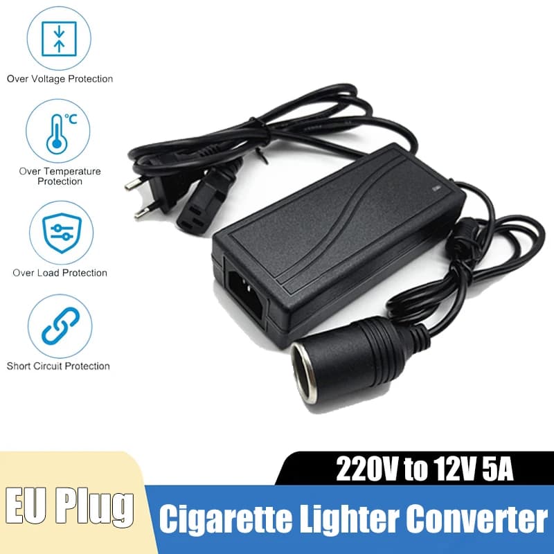 220V to 12V 5A Car Cigarette Lighter Socket Power Adapter 60W AC to DC Converter EU Plug for Air Pump Fan Car Accessories