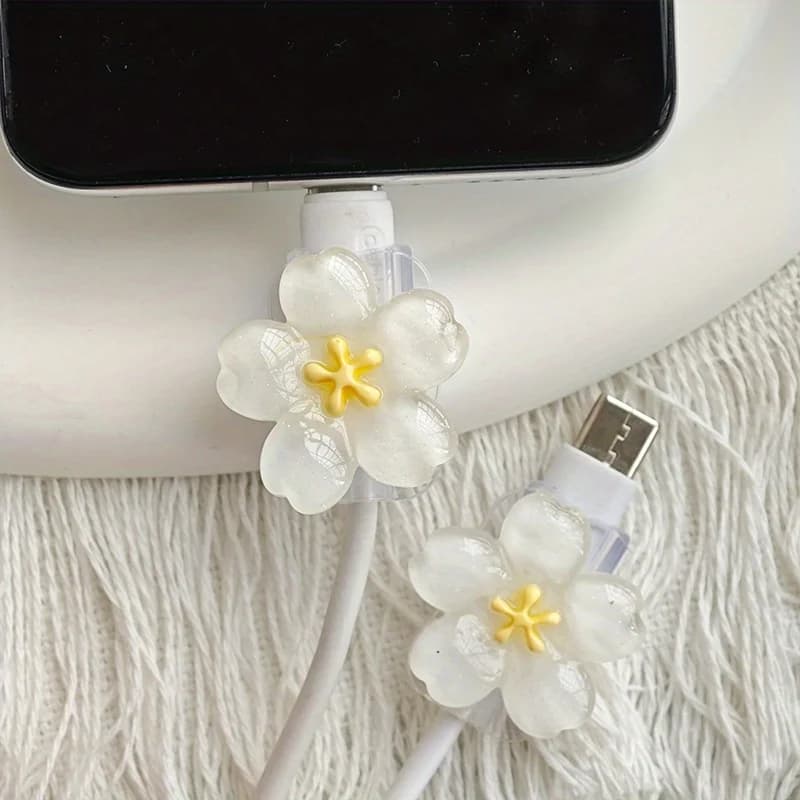 2 Pezzi Avvolgicavo in Silicone Morbido con Clip a Fiori Coreani per Cavo di Ricarica Rapida Apple iPhone, Protezione per Cavo Dati