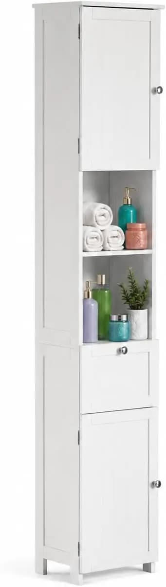 Tall Narrow Linen Tower Cabinet Freestanding Bathroom Storage Organizer With Shelves For Towels Toiletries Vanity Laundry Room Hallway Apartment Small Spaces Space Saving Furniture White