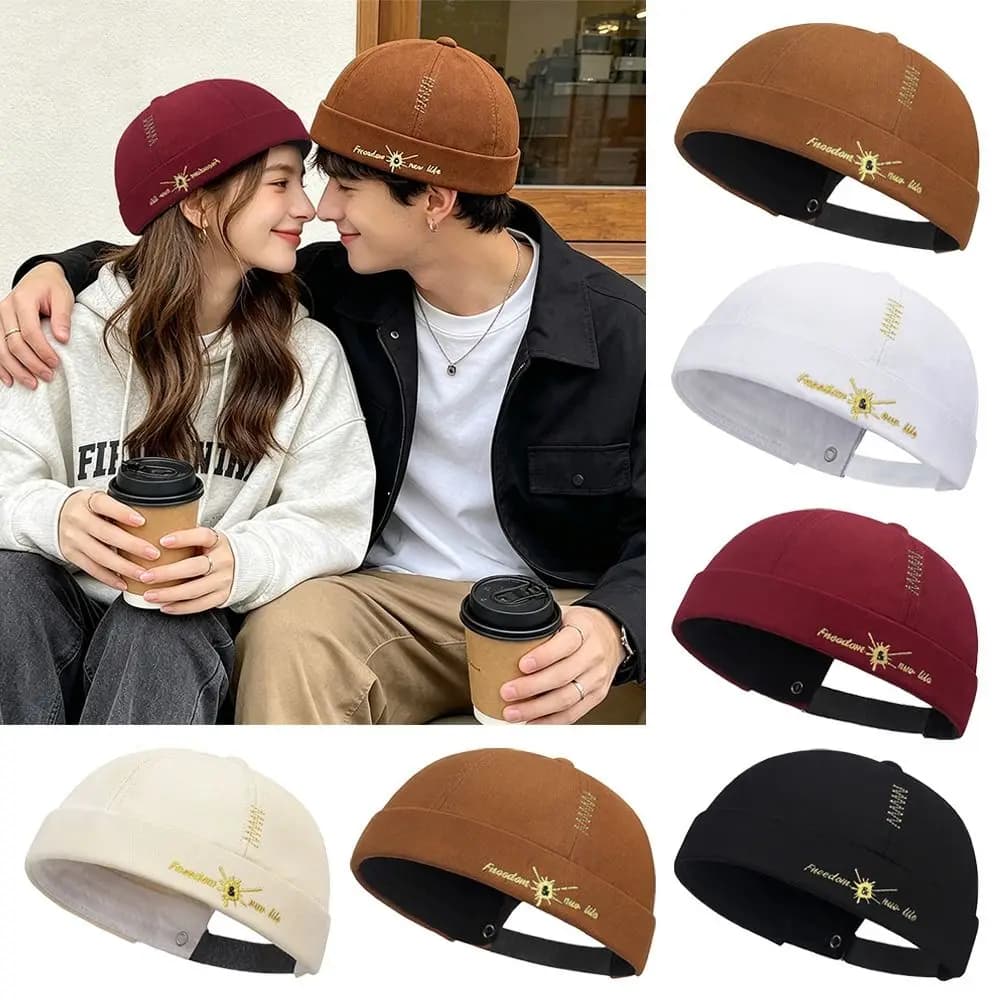 Berretto Hip Hop Street Style in Cotone Regolabile Senza Visiera, Cappello Docker con Ricamo a Lettere, Berretto Melon Tinta Unita per Uomo e Donna