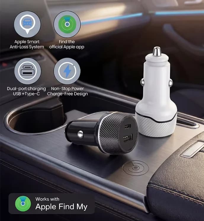 T05 2in1 Car Charger GPS Tracker, USB Type-C Phone Fast Charging with Find My App for iOS & Android Google Find My