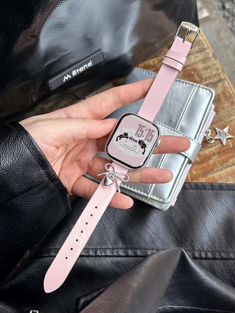 Cinturino in pelle lucida Y2K per iWatch Ultra 3 11 10 9 8 7 6 5 SE, bracciale con fiocco per Apple Watch 40mm 41mm 42mm 44mm 45mm 46mm 49mm