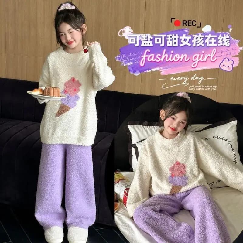 Kawaii Girl Fashion Pigiama Set Studente Inverno Tenere al caldo Casual Flanella Addensare Top Pantaloni lunghi Set da 2 pezzi Abbigliamento per bambini