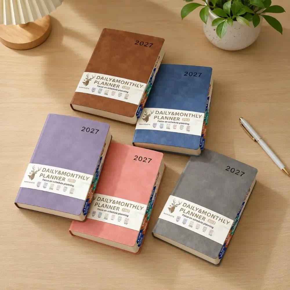 English 2027 Schedule Planner Notepad Wear-resistant Efficiency To-do List Notebook Leather Cover with Sticker