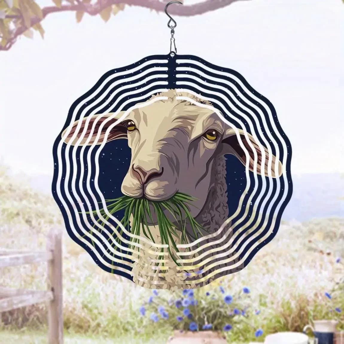 Metal Wind Chime with Sheep Grazing Design 360 Degree Rotating Hook Outdoor Garden Patio Decor Thanksgiving Christmas Holiday