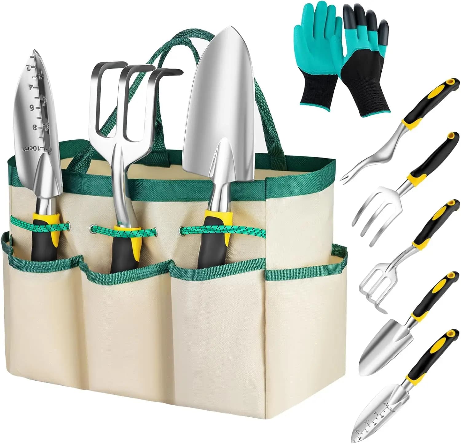 Set of Gardening Tools Ergonomics, 7 Pieces in Yellow Aluminum Alloy - Ideal Gift for Women, Men and Parents