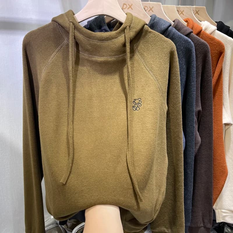 Felpa con Cappuccio da Donna Foderata in Pile, Stile Coreano, Casual, a Maniche Lunghe, Termica, in Misto Cotone e Poliestere