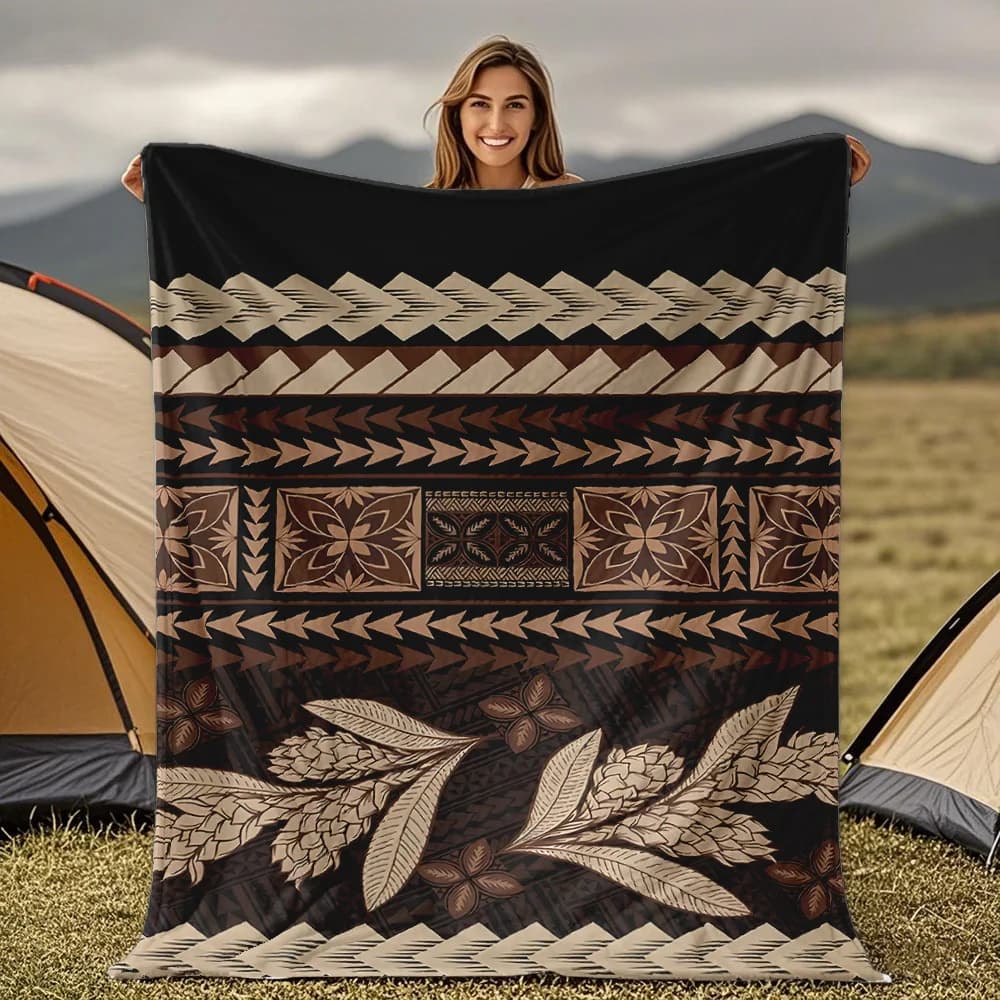 Coperta nera con motivo samoano-awaiano per divano letto, viaggio, campeggio, soggiorno, ufficio, coperta per regali per tutte le stagioni