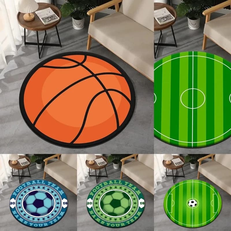 Sports Themed Round Carpet Basketball Football Pattern Design Soft Area Rug for Living Room Teenager Room Home Decoration