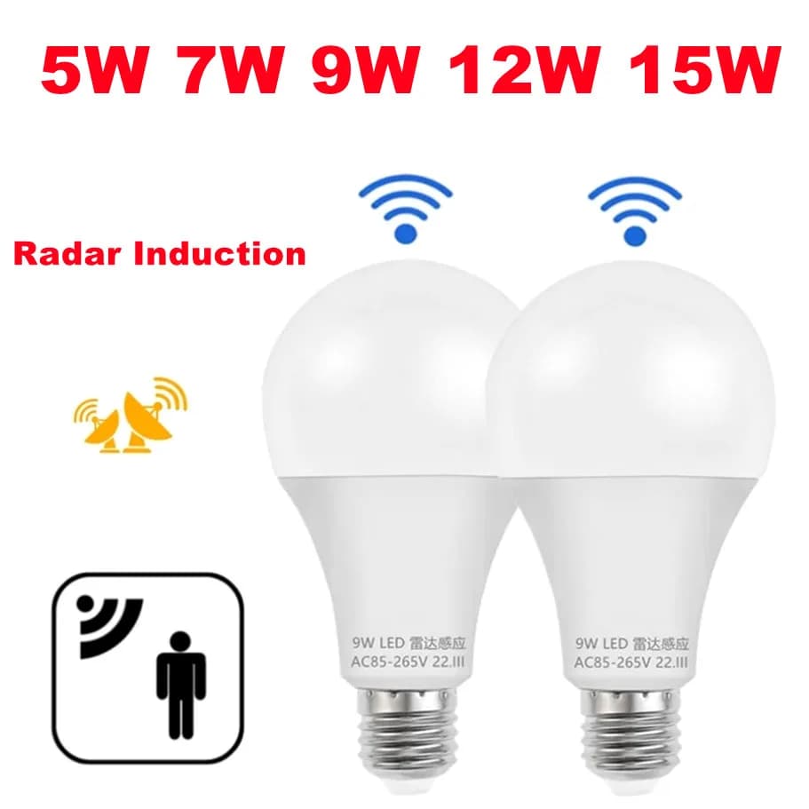 E27 LED Radar Sensore di movimento Lampadina AC85-265V Rilevazione a infrarossi Lampada intelligente Lavoro notturno 5W 7W 9W 12W Lampadina a induzione radar