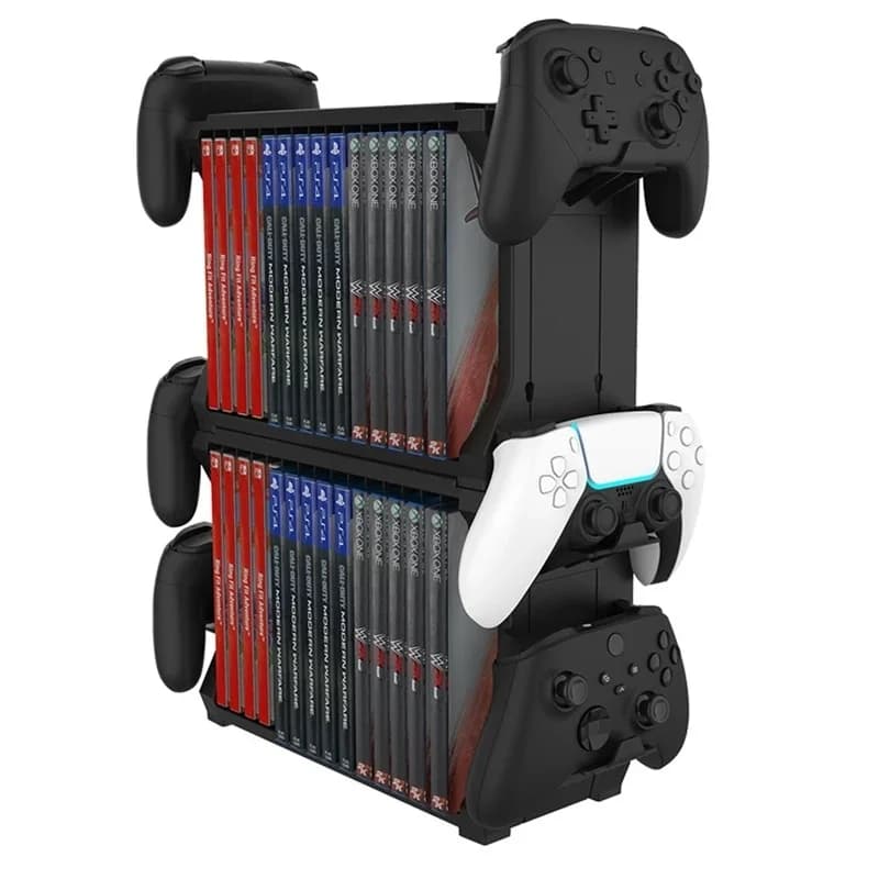 Supporto per Giochi con Porta Controller, Scaffale Multifunzionale per Conservazione Dischi e Accessori da Gaming