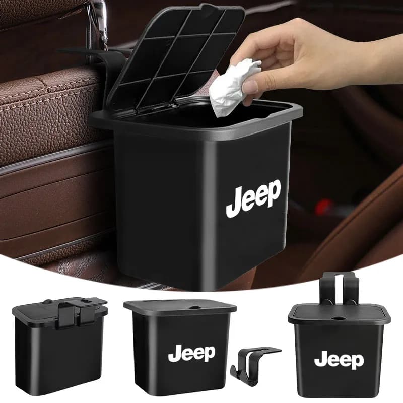 Cestino per auto portatile da appendere, contenitore per rifiuti per veicoli, adesivi per Jeep Wrangler Grand Cherokee Renegade, tappi per valvole pneumatici