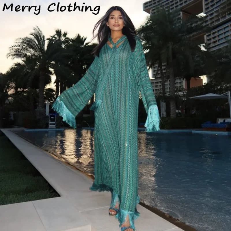 Elegante nappa lavorata a maglia abito lungo da donna allentato scollo a V manica lunga sciarpa abiti femminili 2025 estate signora vacanza al mare abiti nuovo