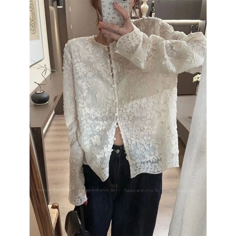 Elegante Camicia da Donna Ricamata in Pizzo Stile Cinese, Camicetta Casual a Maniche Lunghe per la Primavera, Top Monocolore da Ufficio per Donna