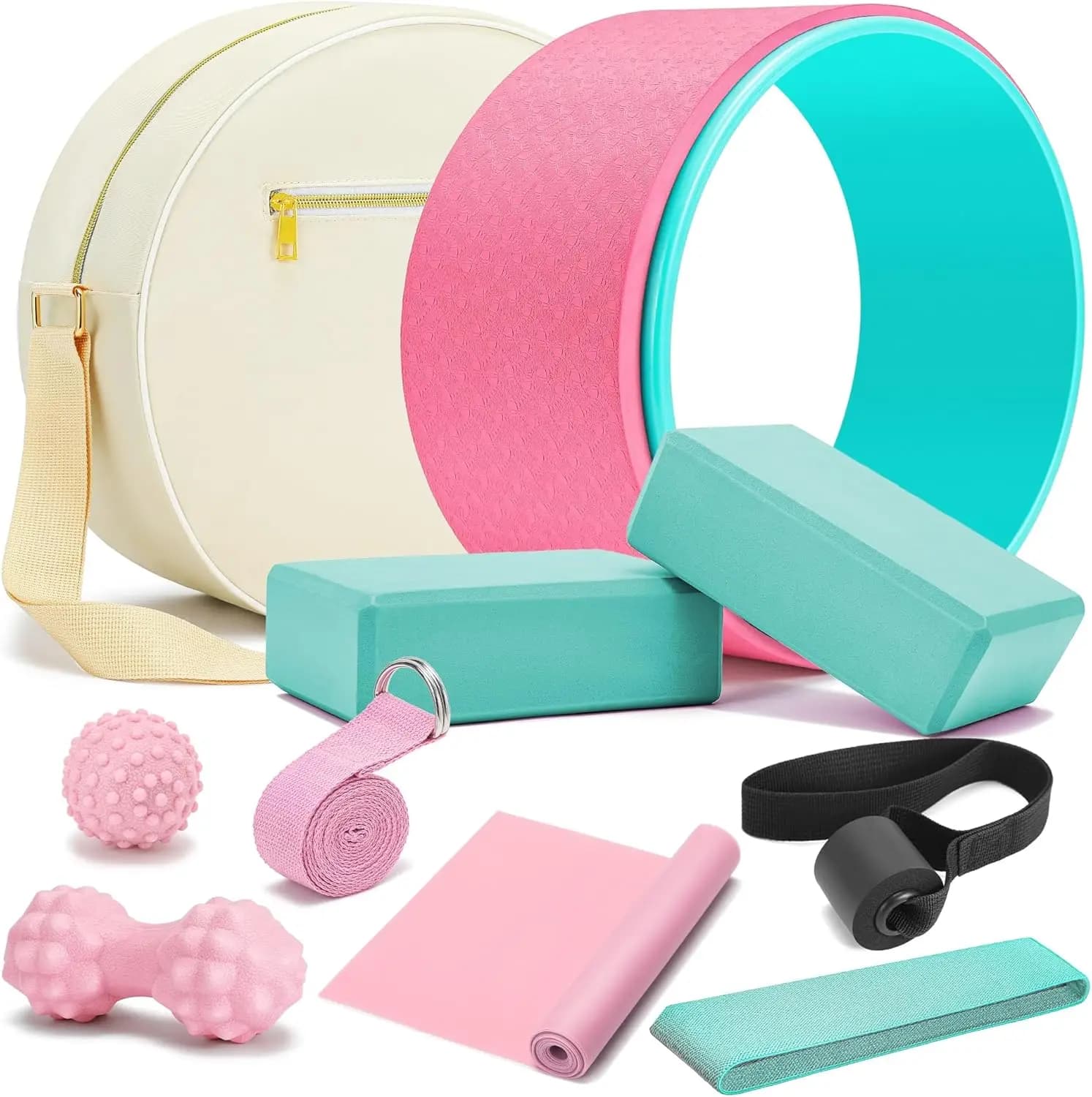 Complete Set for Yoga with Wheel, Foam Roller, Blocks, Strap and Massage Ball to relieve Back pain and Stretching