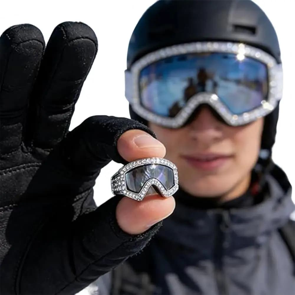 Anello regolabile a forma di occhiali da sci 3D - Regalo accessorio per gioielli per cappotti invernali per sport invernali per gli appassionati di sci