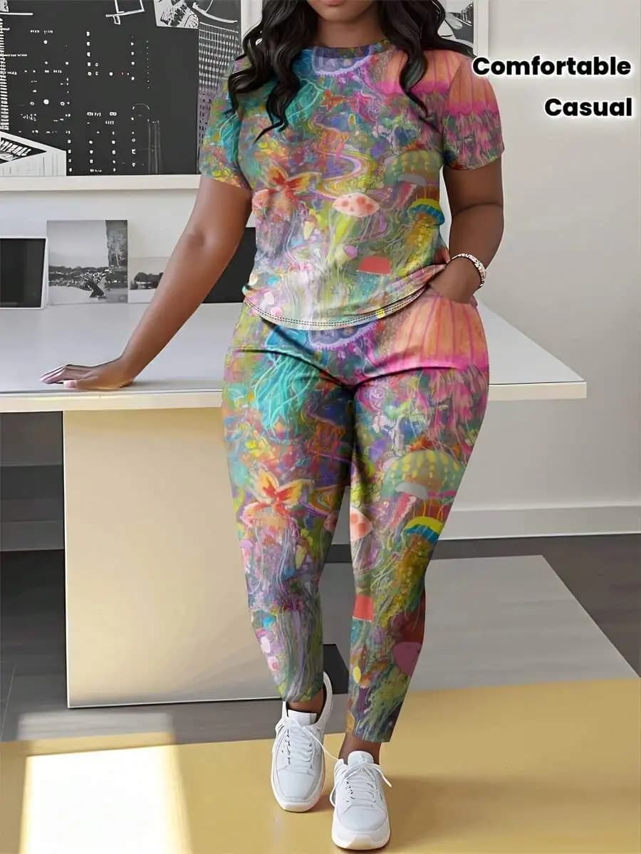Set di t-shirt e pantaloni da donna con stampa 3D colorata, casual e confortevole, completo in due pezzi, primavera estate