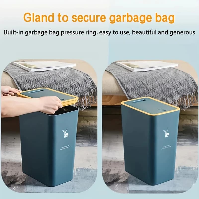 Cestino per rifiuti da 15 litri con coperchio a pressione per bagno, cucina, camera da letto, soggiorno, in plastica, con coperchio a scomparsa.
