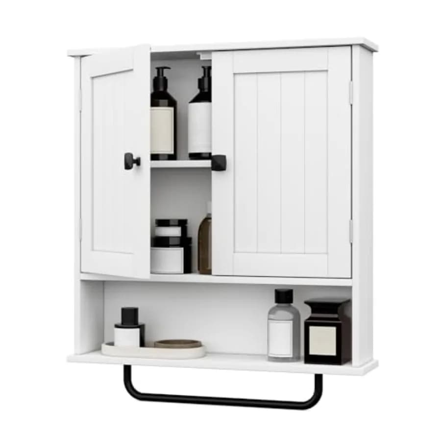 Armadietto da Bagno a Parete con Porta Asciugamani, Mobiletto Sopra il WC con 2 Ante e Ripiani Regolabili