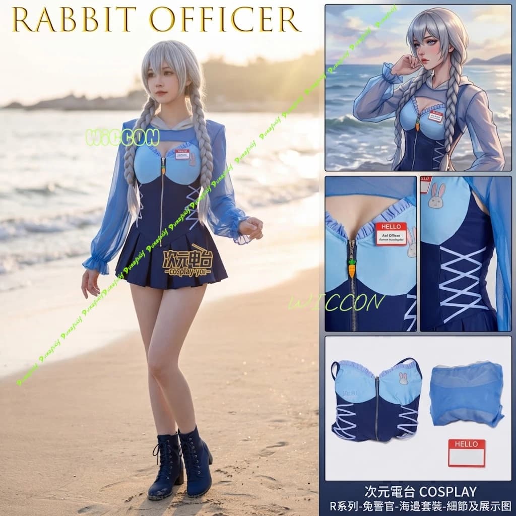 Costume da bagno cosplay da agente coniglietta da donna, due pezzi con copricostume, adatto all'acqua, personaggio anime, per feste, Halloween, Carnevale