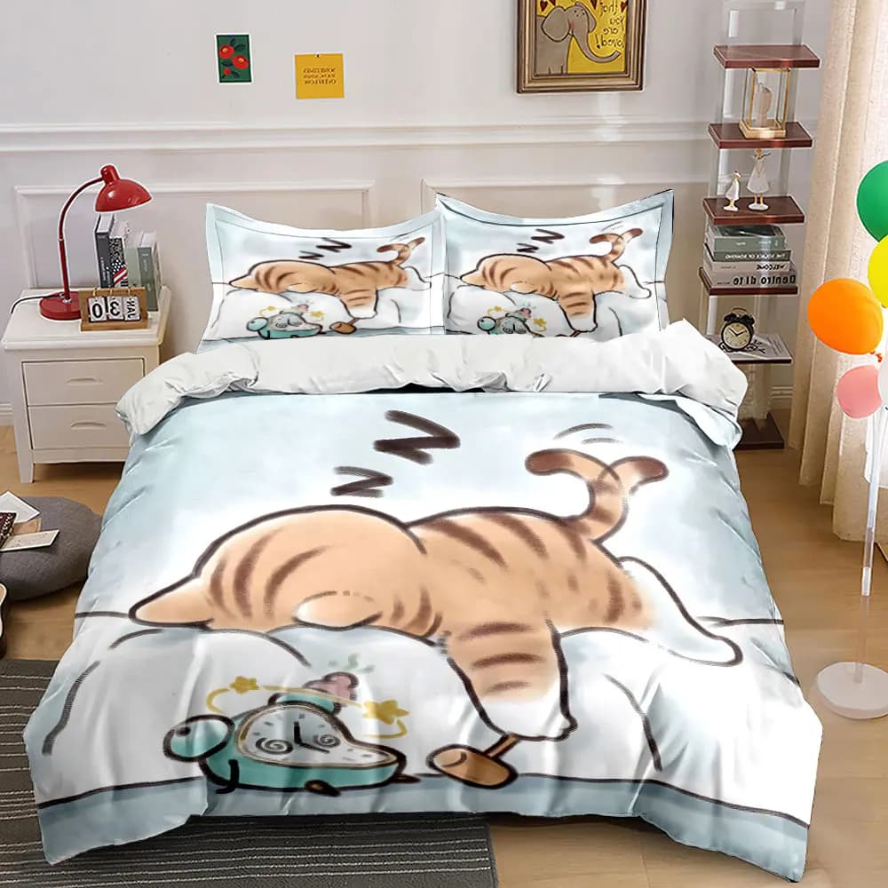 Cat hits alarm clock Printed Duvet Cover Set1 Duvet Cover+2 PillowcaseMulti Size Bedroom Bedding Decoration Luxury gifts