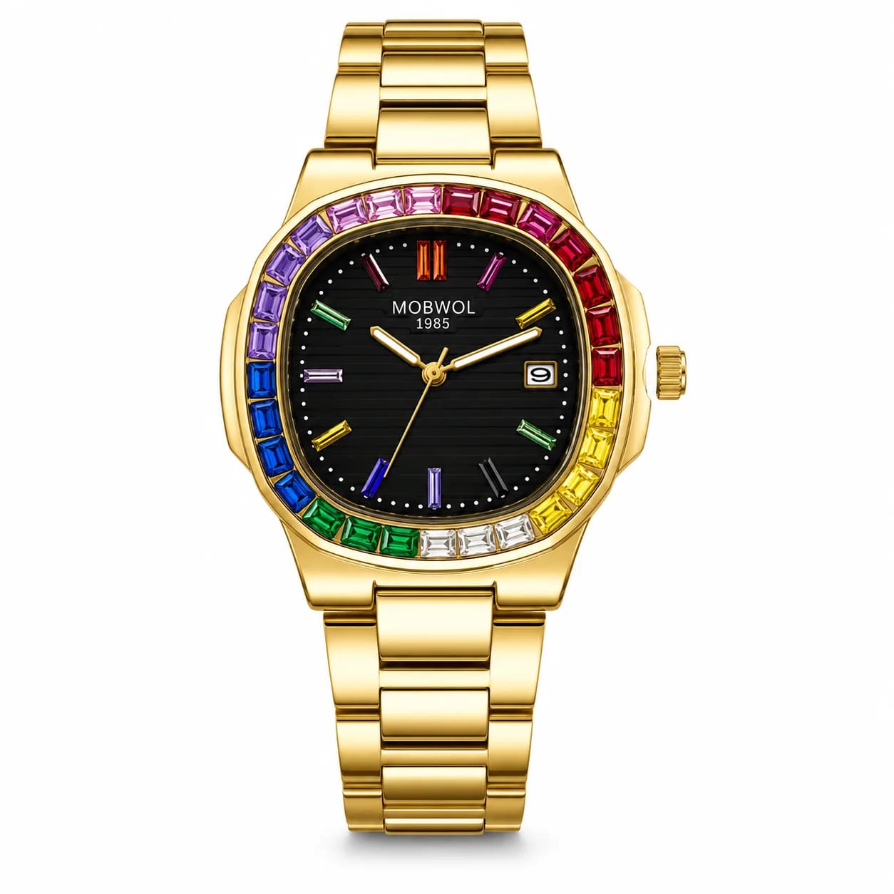 Orologio da Polso MOBWOL con Quadrante Quadrato in Acciaio Inossidabile Dorato, Cristalli Arcobaleno, Calendario, per Uomo d'Affari