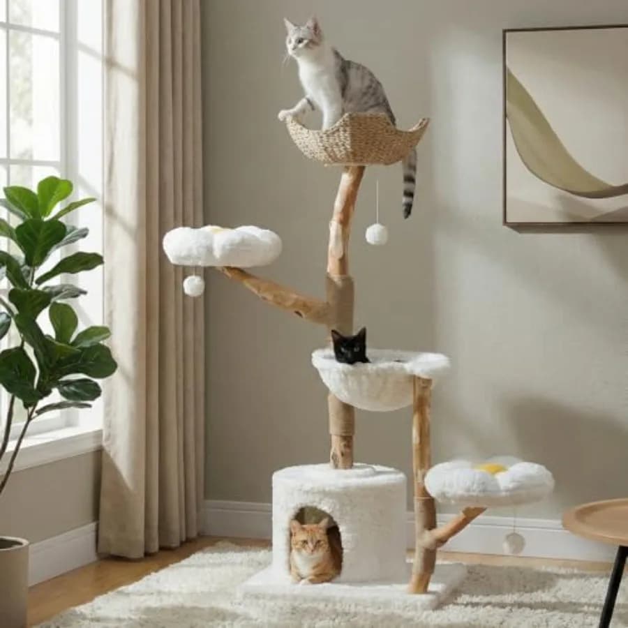 59 Torre Tiragraffi Moderna per Gatti Grandi con 2 Piattaforme a Fiore - Tiragraffi in Legno Massello Naturale con Ramo Vero - Lusso Boho per Gatti