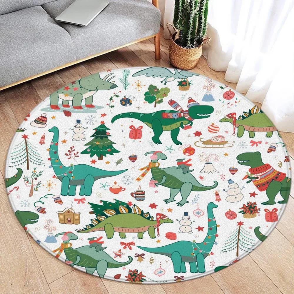 Cartoon Christmas Dinosaur Round Carpet Snowman Xmas Tree Cartoon Animal Kids Mat Home Living Room Bedroom Decorative Floor Rugs