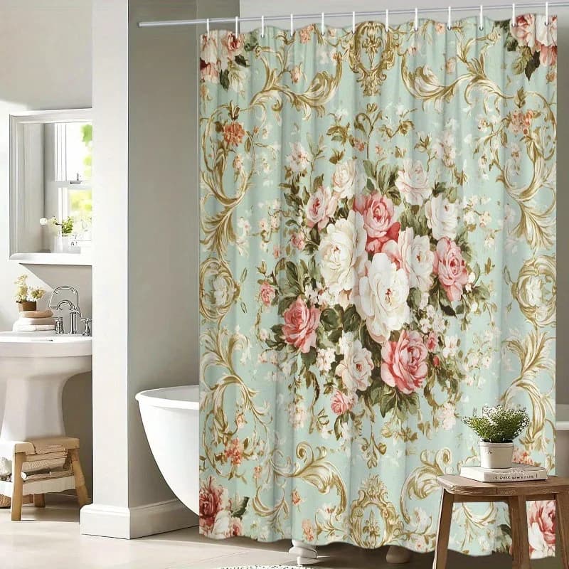 ~O~1pc Tenda da doccia floreale vintage - Accenti dorati, rose rosa e bianche, 70,8x70,8", 12 ganci, bellezza senza tempo