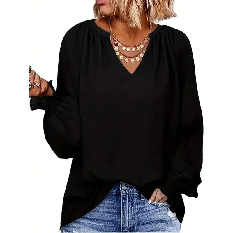 T-shirt larghe a mezza manica con scollo a V nuovo autunno taglie forti T-shirt casual a pieghe femminili