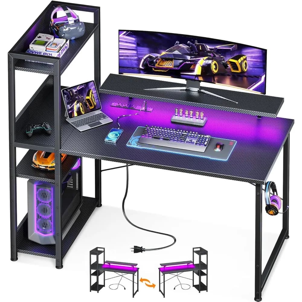 ODK Reversible Gaming Desk LED Lights, 40 Inch Computer Desk with Storage Racks and Monitor Support, Home Office Study Table