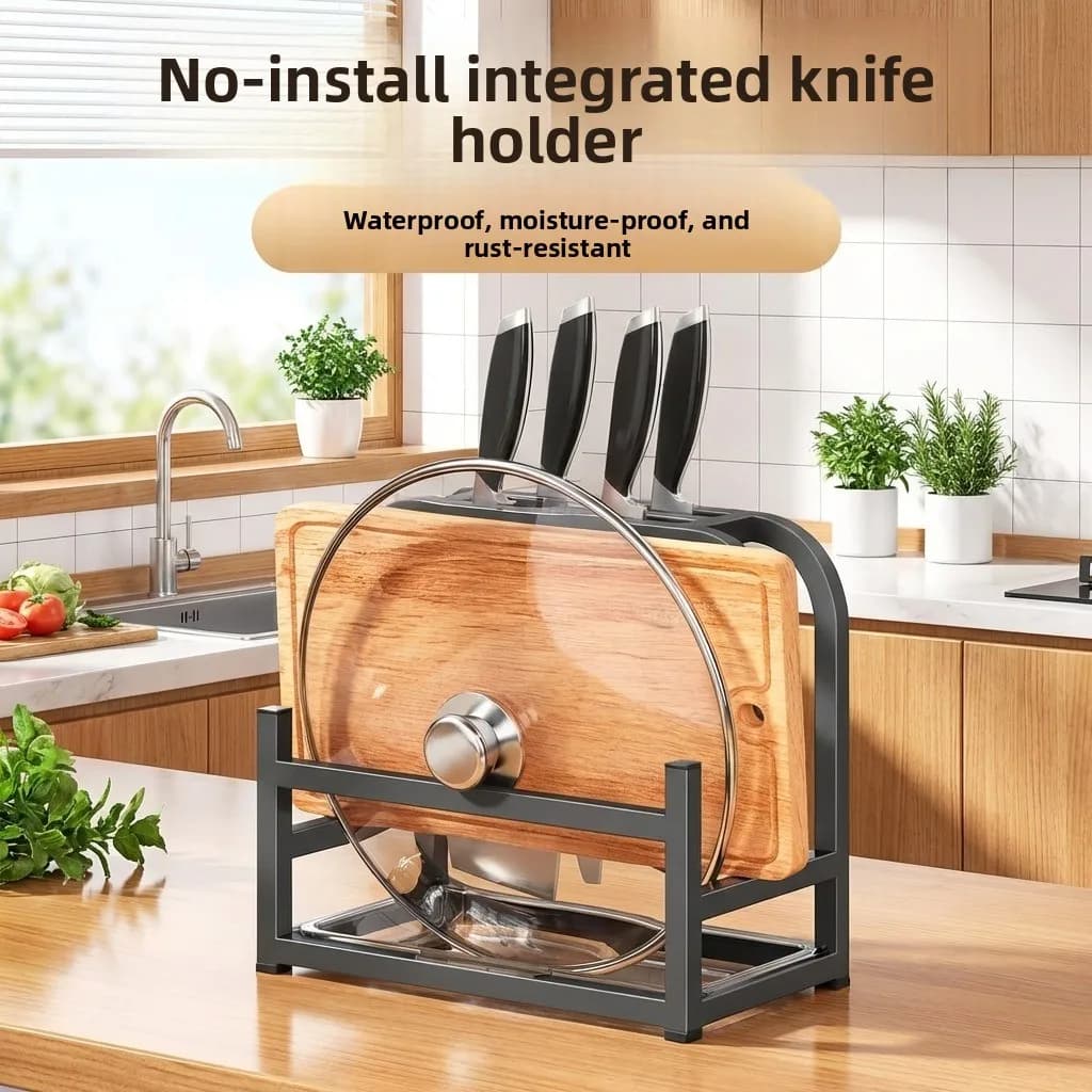 Modern Multi-Functional Kitchen Knife Holder Cutting Board Pot Lid Integrated Storage Rack Knife Tools Placement Shelf