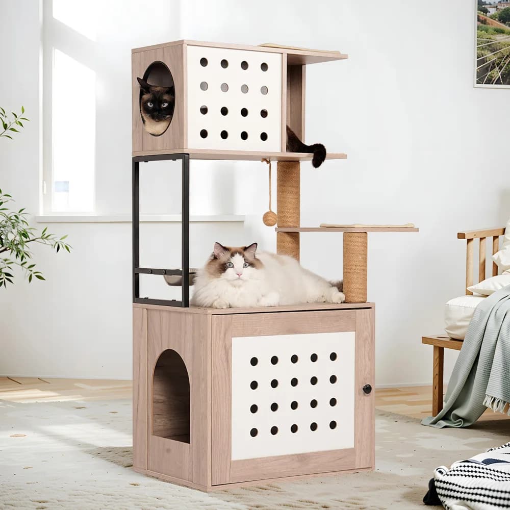 Ye Cat Tree with Litter Box Enclosure, All-in-one Cat Tower for Indoor Cats, Featuring Large Hammock, Bed, Food Station, Scratching Posts, Modern Style Pet Furniture in Gray + White