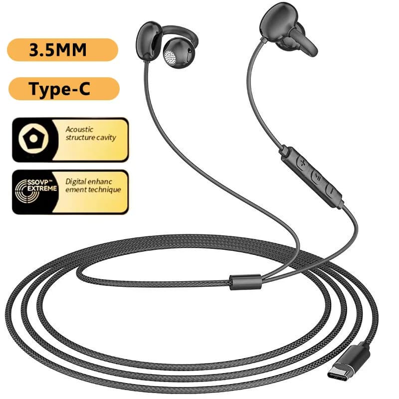Cuffie Cablate Non In-Ear con Clip Antiscivolo, Audio Hi-Fi, per Sport e Musica, Auricolari da 3,5mm e Type-C, Open Ear per Gaming e Apprendimento