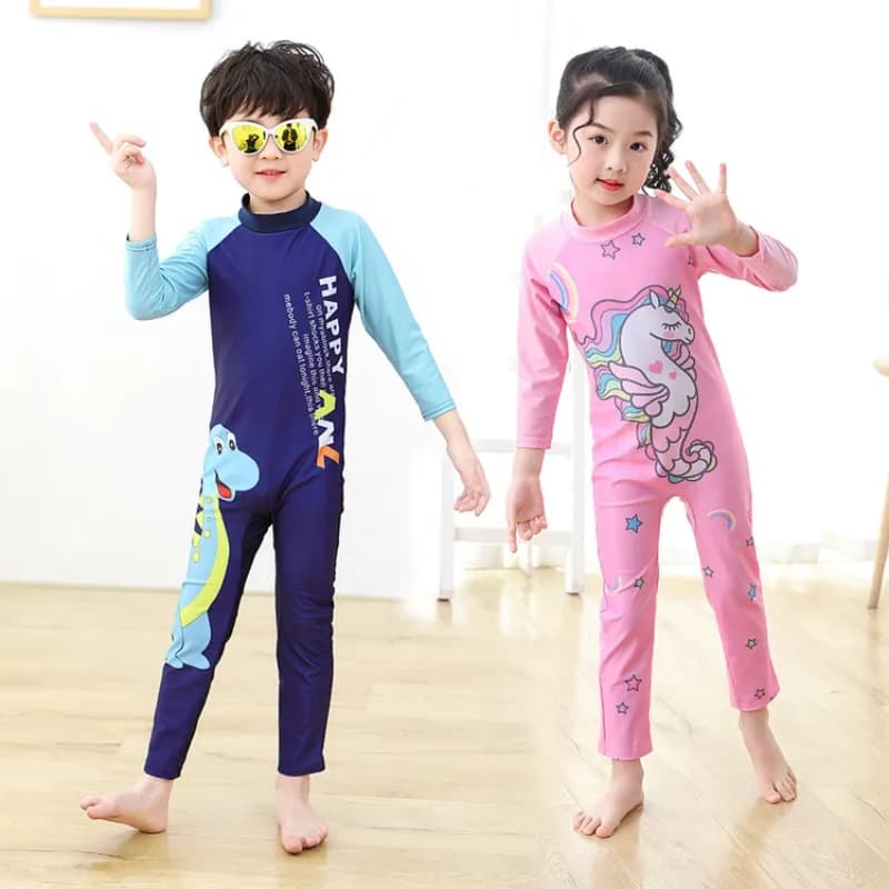 Children's swimsuit, whole, long sleeved, with cartoon print, for boys and girls, beach suit, for surfing