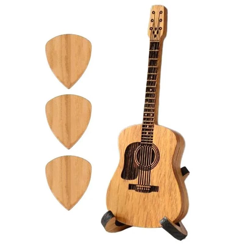 Scatola per plettro per chitarra in legno con supporto Porta plettro a forma di mini chitarra Nuovo porta plettro per chitarra in legno Decorazione unica incisa