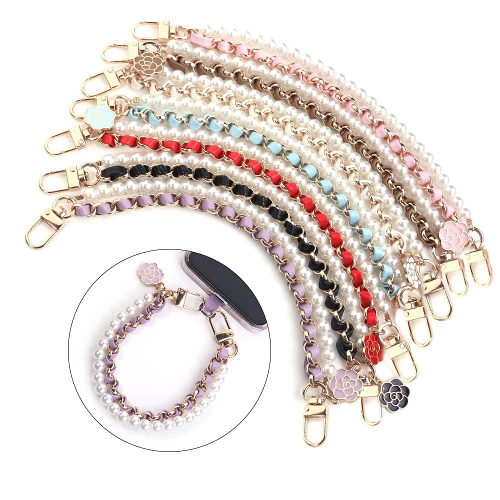 1 Leather Phone Chain with Imitated Pearls, 26cm, Exquisite Phone Case with Camelia for Fai-da-te Bags, Keys and Decorative Accessories for Phone