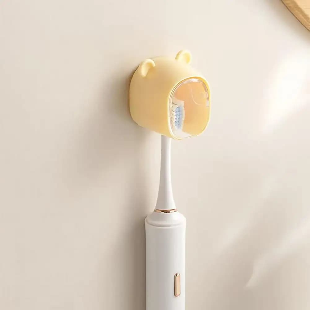 Cute Bear Wall Mounted Toothbrush Holder with Dustproof Flip Cover, Drill-free Electric/Manual Toothbrush Organizer for Bathroom