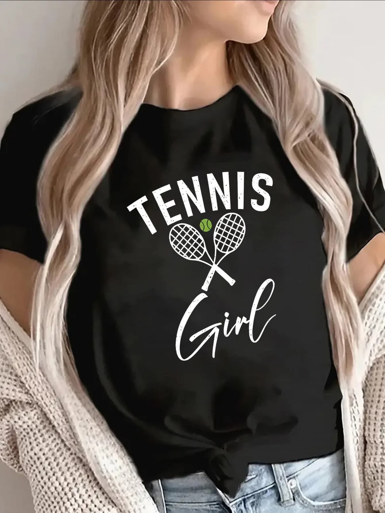 Ladies' Tennis T-shirt, casual sport design with crossed tennis racket and ball patterns, lightweight and breathable, perfect for gym, practice or daily wear, fabric printed, short-sleeved shirt