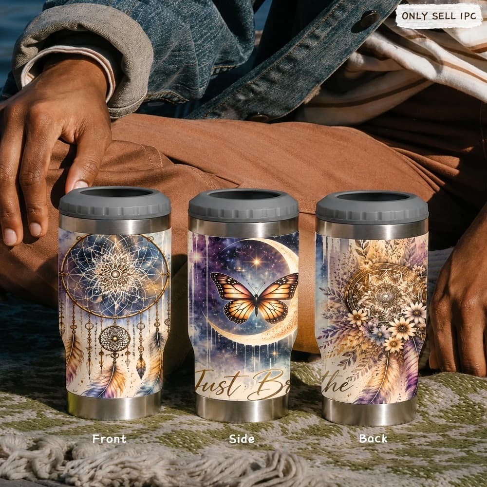 Boho Dreamcatcher Vacuum Flasks 4-in-1 Stainless Steel Can Cooler Insulated Beer Soda Coffee Holder Dual Lids Fits 12oz