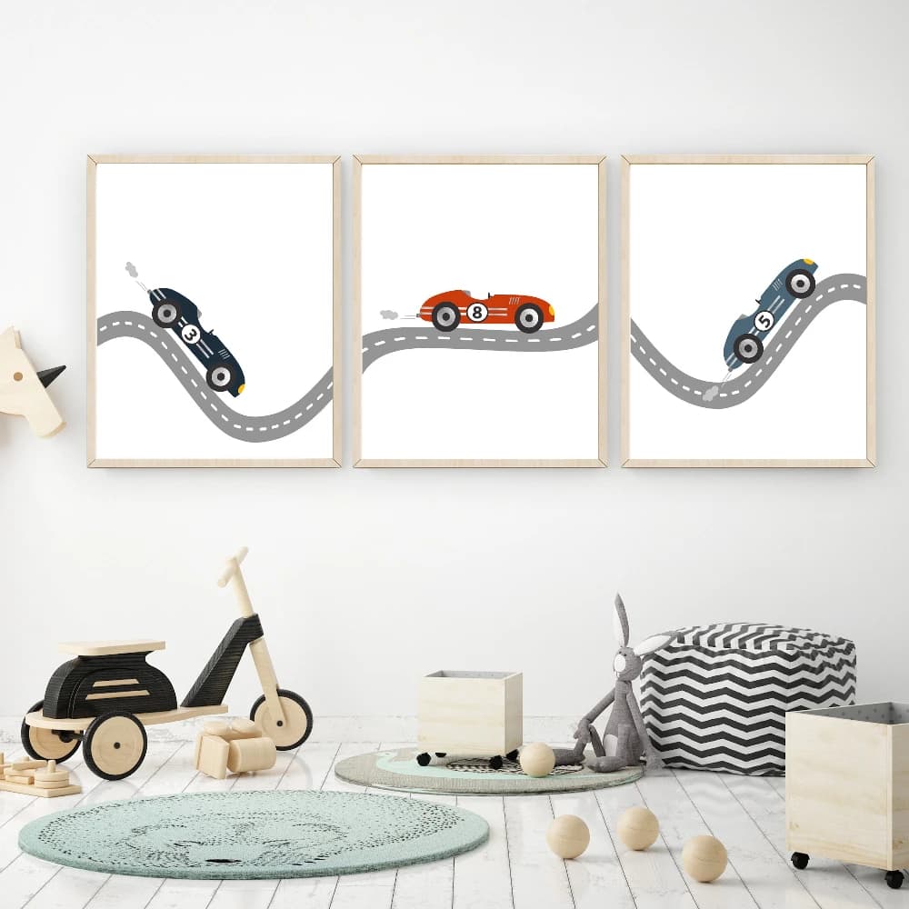 Auto da corsa Wall Art Stampa su tela Pittura Auto da corsa Nursery Poster Baby Boy Room Decor Poster Ragazzi Camera da letto Decor Regalo di compleanno