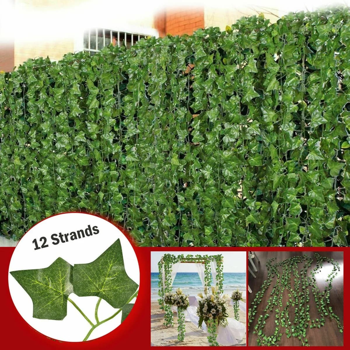 12 pezzi/6 pezzi/1 pezzo, set da 90 foglie di edera artificiale, pianta in plastica resistente ai raggi UV, per soggiorno, cucina, matrimoni, balcone, giardino, camera da letto, feste di laurea, decorazioni per la casa (Nota: se senti un odore di plastica all'apertura del pacchetto, lascialo in un'area ventilata per un po', non influirà sull'uso)