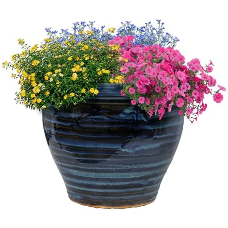 Vaso per Piante in Ceramica Grande Sunnydaze - Fioriera Rotonda in Ceramica Smaltata per Esterni con Drenaggio - Studio - Blu Galassia - 18.5